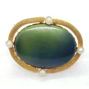 Vintage Brooch 10k Gold Plated Mesh Green Lucite Faux Pearl 1940s